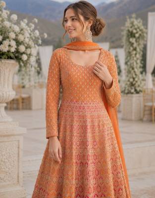 Orange georgette readymade anarkali suit with embroidery zarkan work (free size) 2