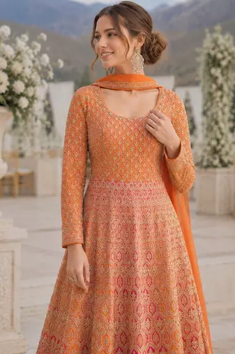 Orange georgette readymade anarkali suit with embroidery zarkan work (free size)