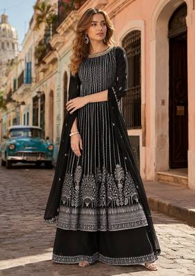 Black georgette free size stitched suit with embroidery & sequin work 1