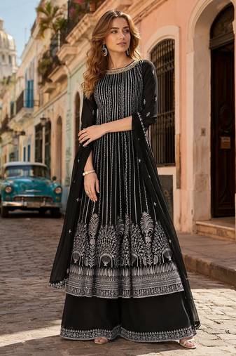 Black georgette free size stitched suit with embroidery & sequence work