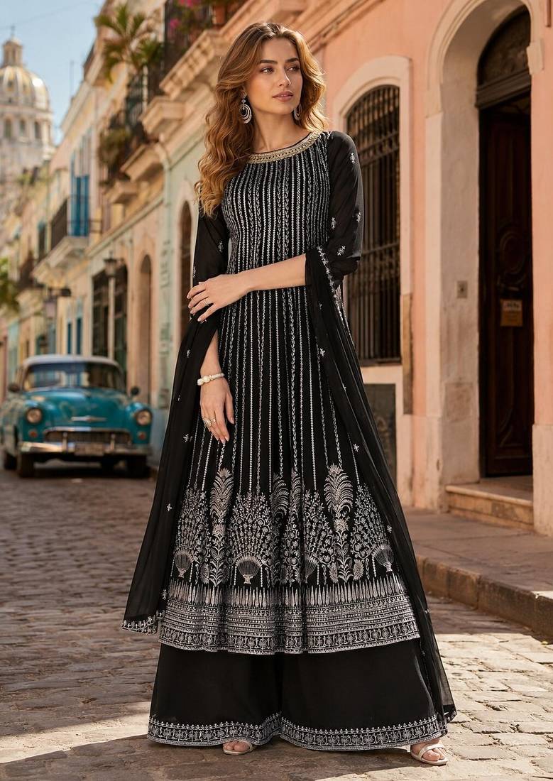 Black georgette free size stitched suit with embroidery & sequence work