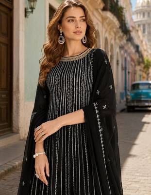 Black georgette free size stitched suit with embroidery & sequin work 2