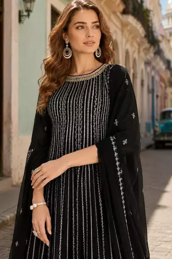 Black georgette free size stitched suit with embroidery & sequence work
