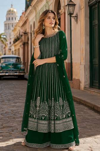 D green faux georgette free size stitched plazzo suit with sequence work