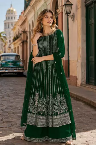 D green faux georgette free size stitched plazzo suit with sequence work