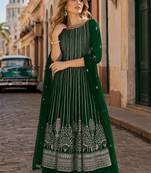 D green faux georgette free size stitched plazzo suit with sequence work