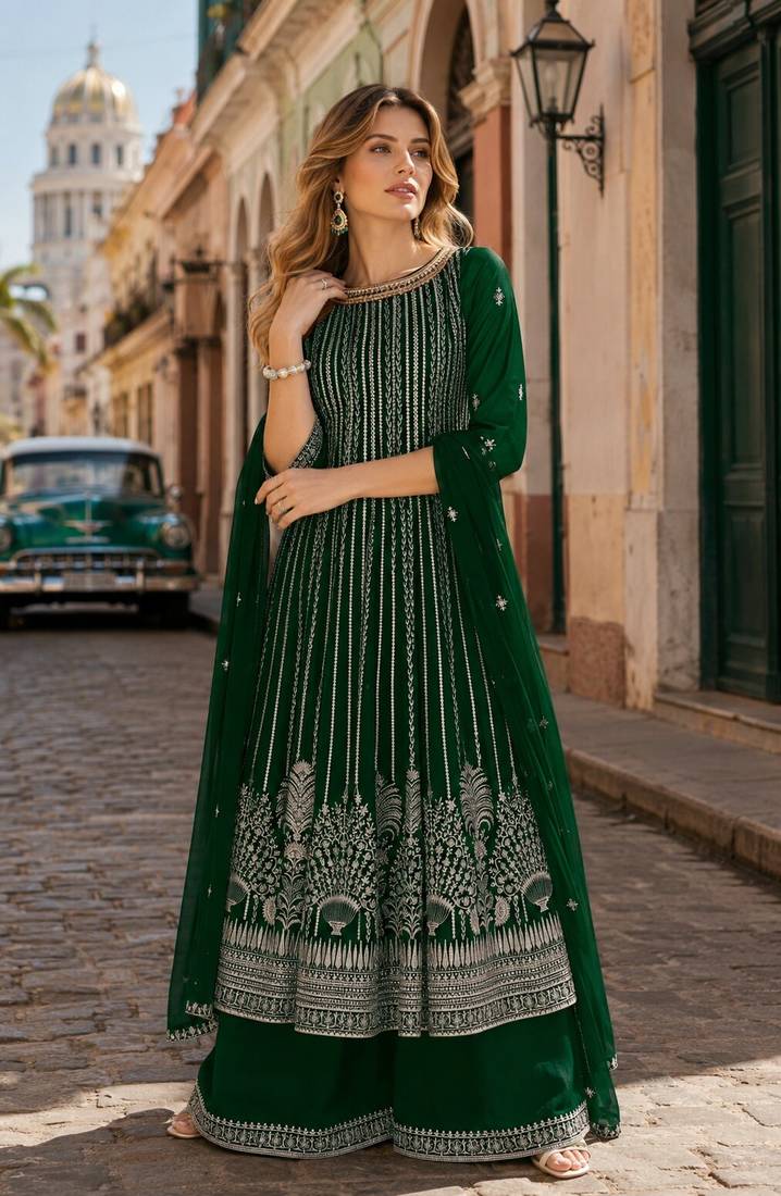 D green faux georgette free size stitched plazzo suit with sequence work