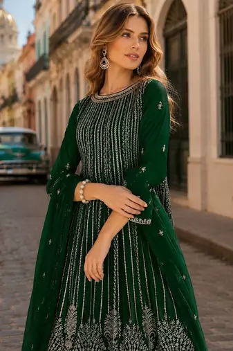 D green faux georgette free size stitched plazzo suit with sequence work