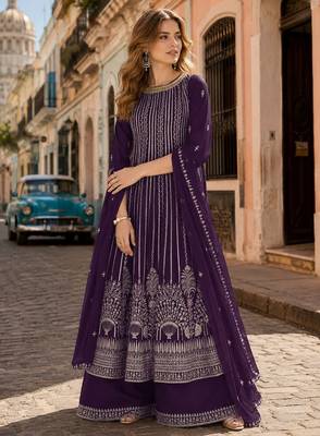 Violet faux georgette free size stitched palazzo suit with sequin work 1