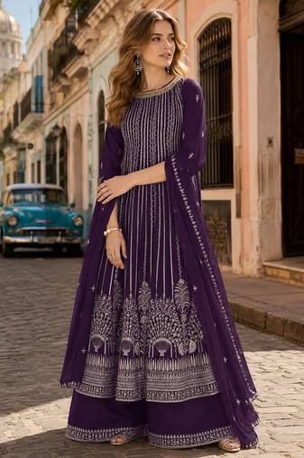 Violet faux georgette free size stitched plazzo suit with sequence work