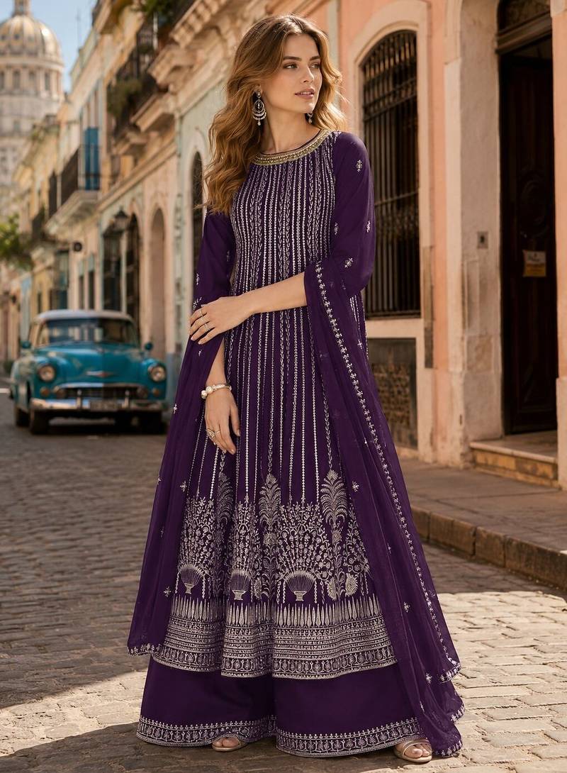Violet faux georgette free size stitched plazzo suit with sequence work