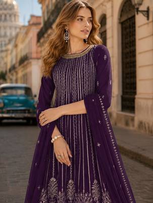 Violet faux georgette free size stitched palazzo suit with sequin work 2