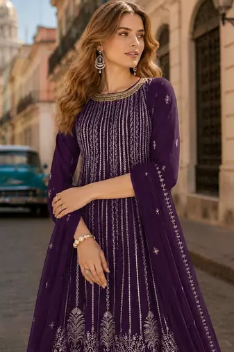 Violet faux georgette free size stitched plazzo suit with sequence work