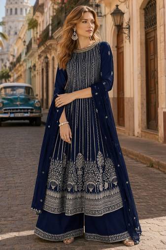 Navy faux georgette free size stitched plazzo suit with sequence work