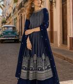 Navy faux georgette free size stitched plazzo suit with sequence work