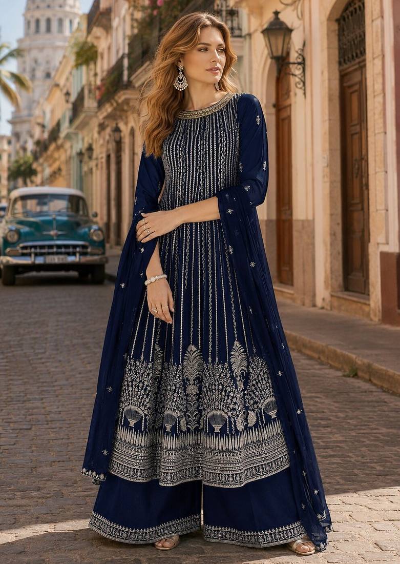 Navy faux georgette free size stitched plazzo suit with sequence work