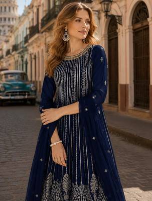 Navy faux georgette free size stitched palazzo suit with sequin work 2