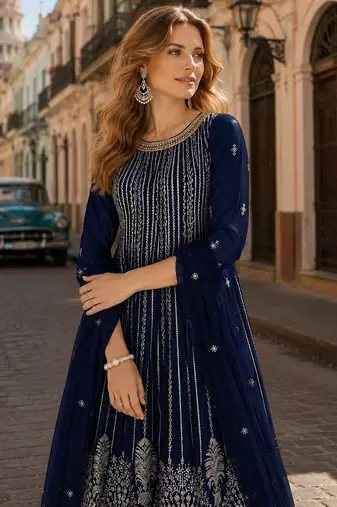 Navy faux georgette free size stitched plazzo suit with sequence work