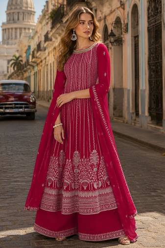 D pink faux georgette free size stitched plazzo suit with sequence work