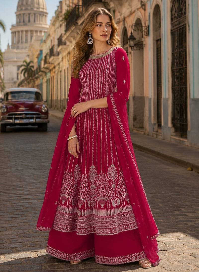 D pink faux georgette free size stitched plazzo suit with sequence work