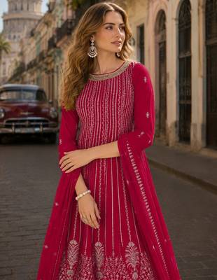 D pink faux georgette free size stitched palazzo suit with sequin work 2