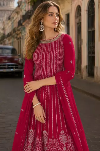 D pink faux georgette free size stitched plazzo suit with sequence work
