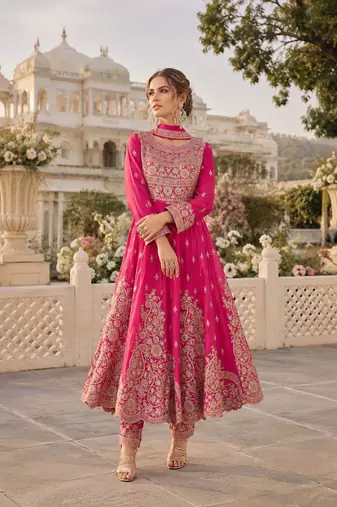 Pink chinon free size stitched anarkali suit with codding dori & sequence work