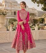 Pink chinon free size stitched anarkali suit with codding dori & sequence work