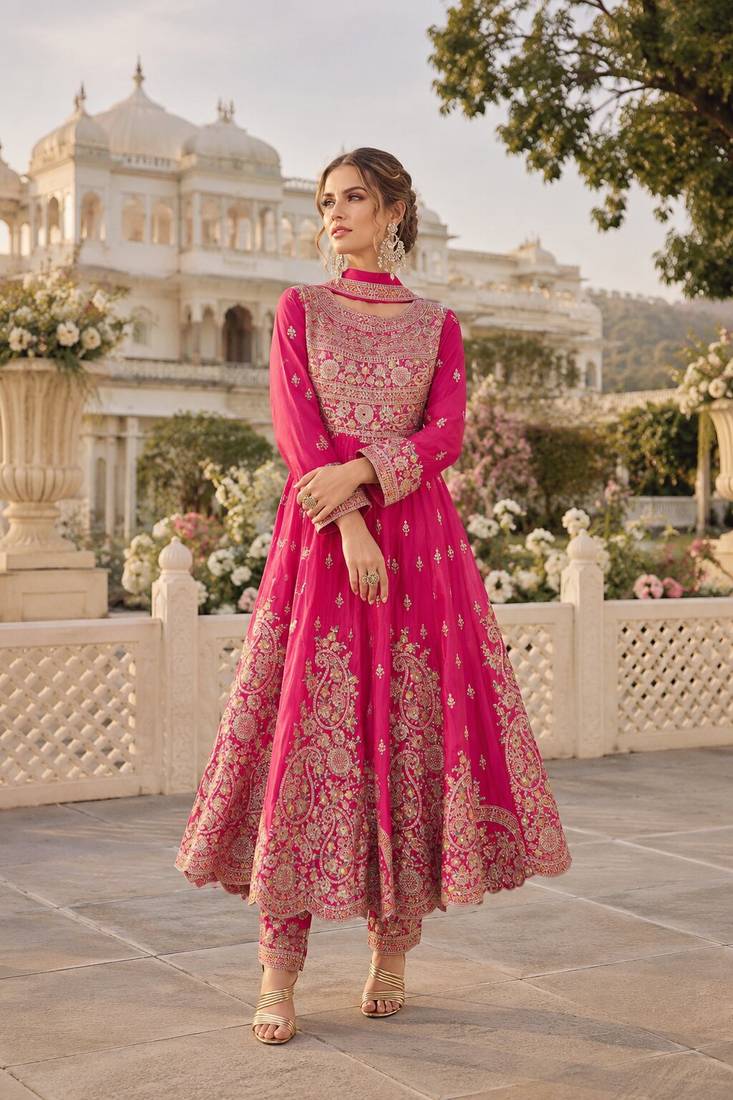Pink chinon free size stitched anarkali suit with codding dori & sequence work