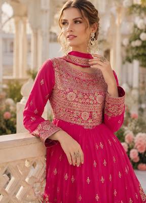 Pink chinon free size stitched anarkali suit with codding dori & sequin work 2