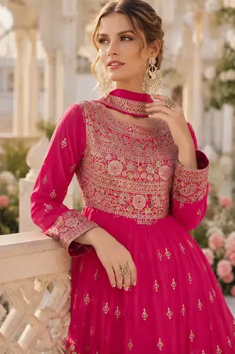Pink chinon free size stitched anarkali suit with codding dori & sequence work