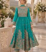 Turquoise chinon free size stitched anarkali suit with codding dori & sequence work