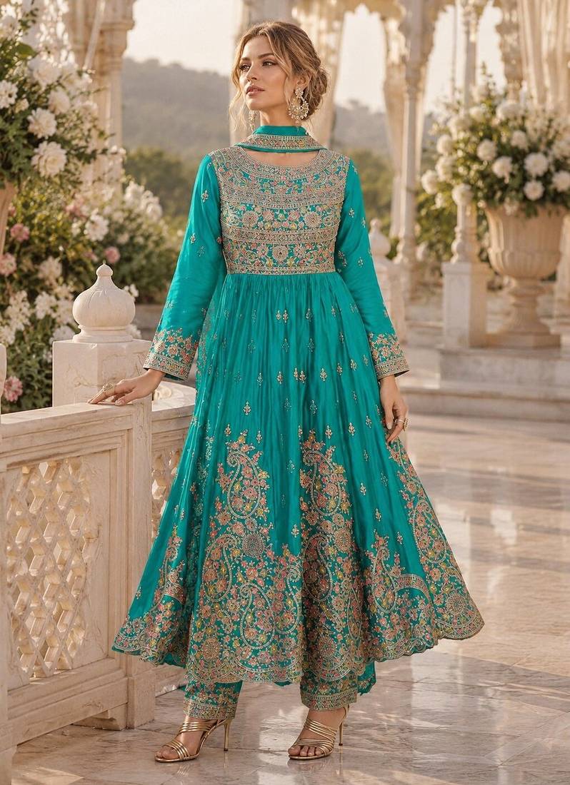 Turquoise chinon free size stitched anarkali suit with codding dori & sequence work