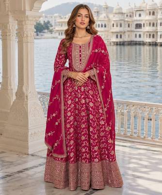 Pink viscos free size stitched jacquard anarkali suit with codding dori & sequin work 1