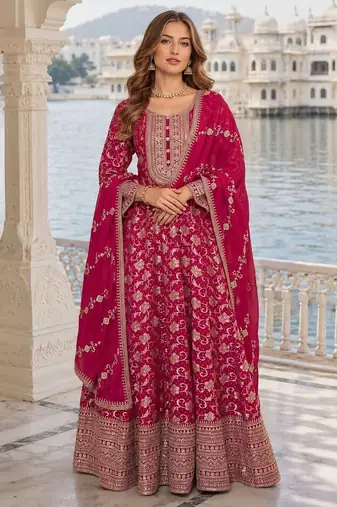 Pink viscos free size stitched jacquard anarkali suit with codding dori & sequence work