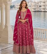 Pink viscos free size stitched jacquard anarkali suit with codding dori & sequence work