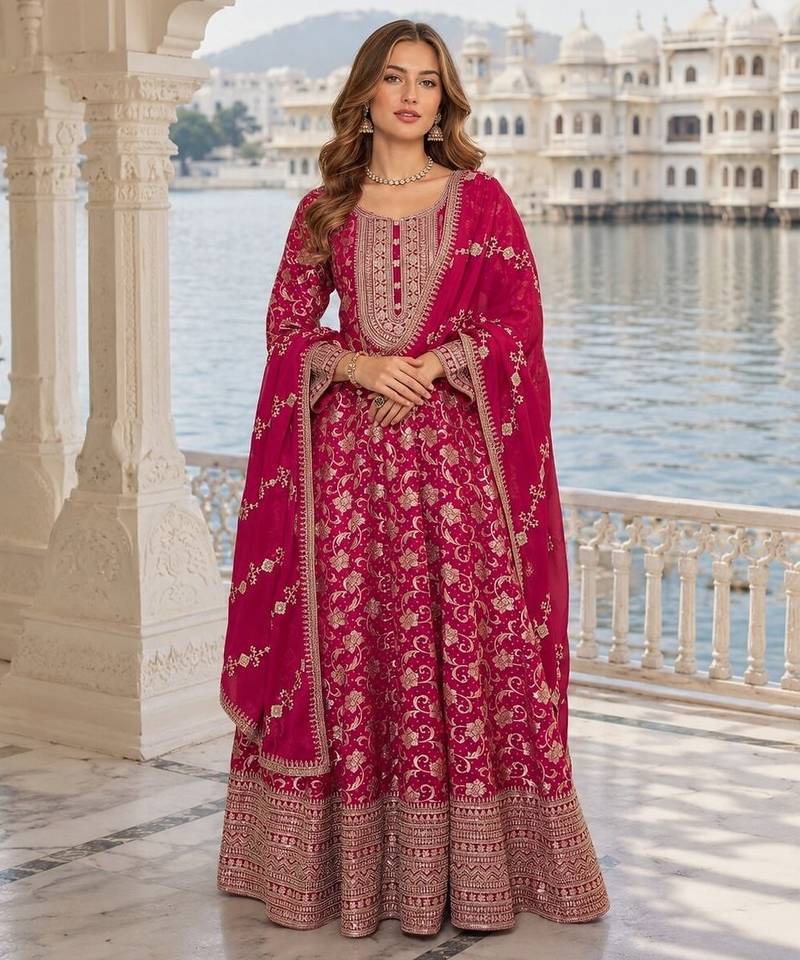 Pink viscos free size stitched jacquard anarkali suit with codding dori & sequence work
