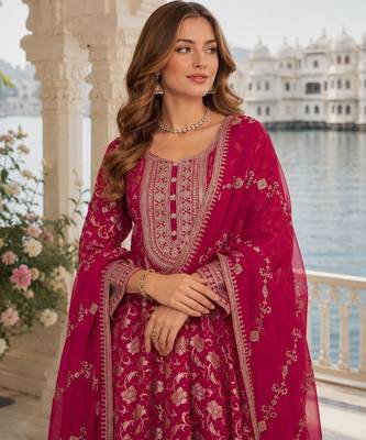 Pink viscos free size stitched jacquard anarkali suit with codding dori & sequin work 2