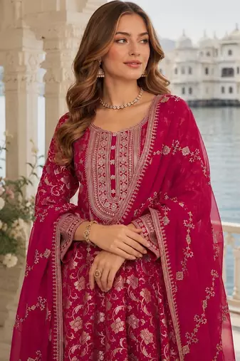 Pink viscos free size stitched jacquard anarkali suit with codding dori & sequence work