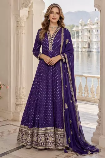 Purple viscos free size stitched jacquard anarkali suit with codding dori & sequence work