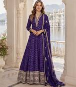 Purple viscos free size stitched jacquard anarkali suit with codding dori & sequence work