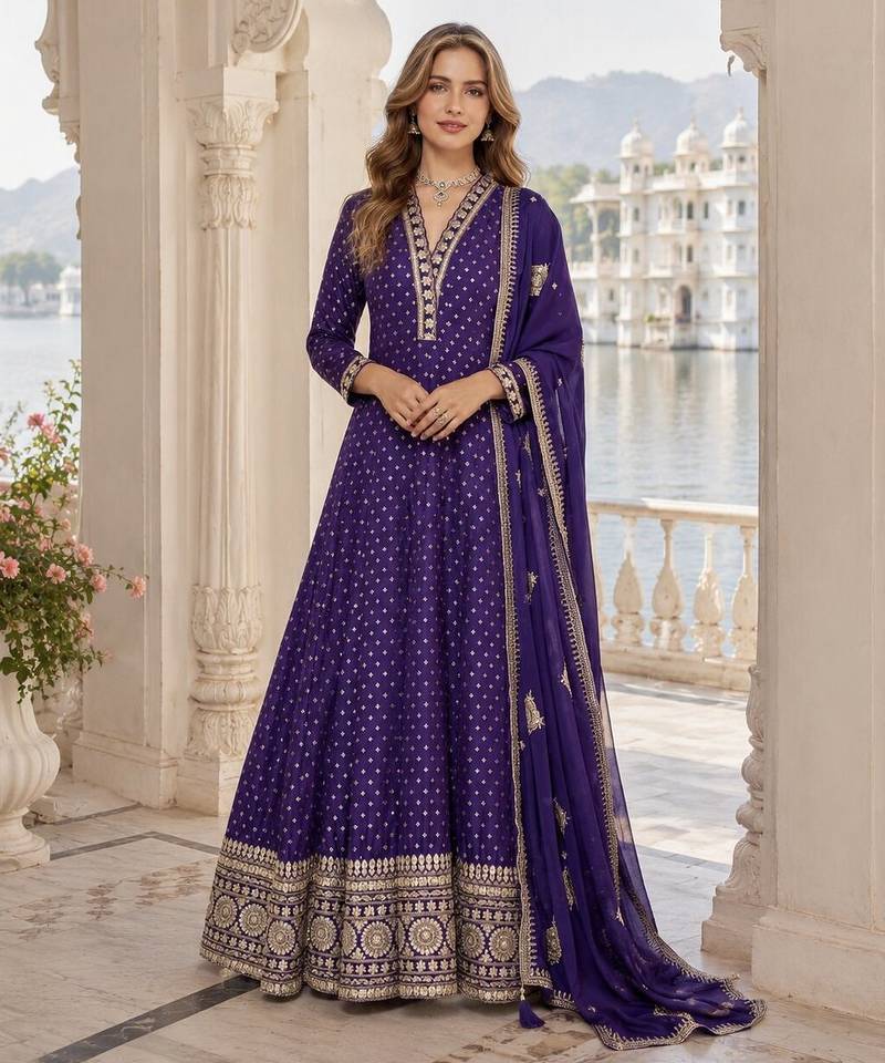 Purple viscos free size stitched jacquard anarkali suit with codding dori & sequence work
