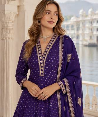 Purple viscos free size stitched jacquard anarkali suit with codding dori & sequin work 2