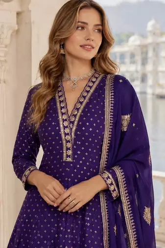 Purple viscos free size stitched jacquard anarkali suit with codding dori & sequence work
