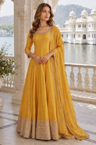 Yellow Viscos free size stitched jacquard anarkali suit with codding dori & sequence work
