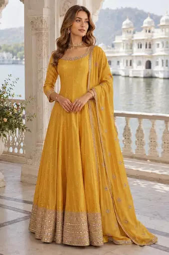 Yellow Viscos free size stitched jacquard anarkali suit with codding dori & sequence work