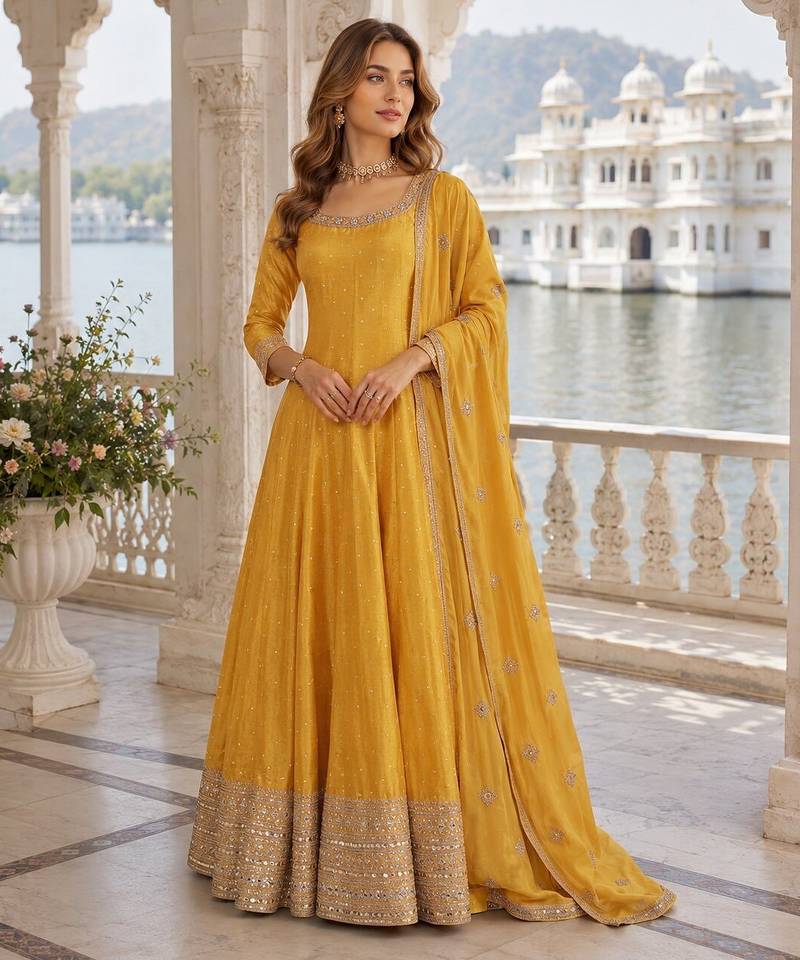 Yellow Viscos free size stitched jacquard anarkali suit with codding dori & sequence work