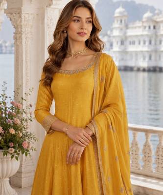 Yellow Viscos free size stitched jacquard anarkali suit with codding dori & sequin work 2