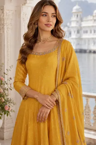 Yellow Viscos free size stitched jacquard anarkali suit with codding dori & sequence work