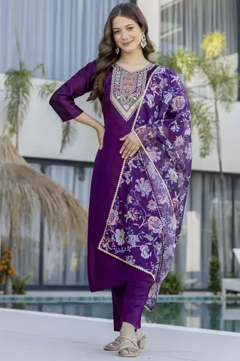 Women's Gorgeous Embroidery Work Chanderi Cotton Fabric Straight Kurta Pant and Dupatta Set